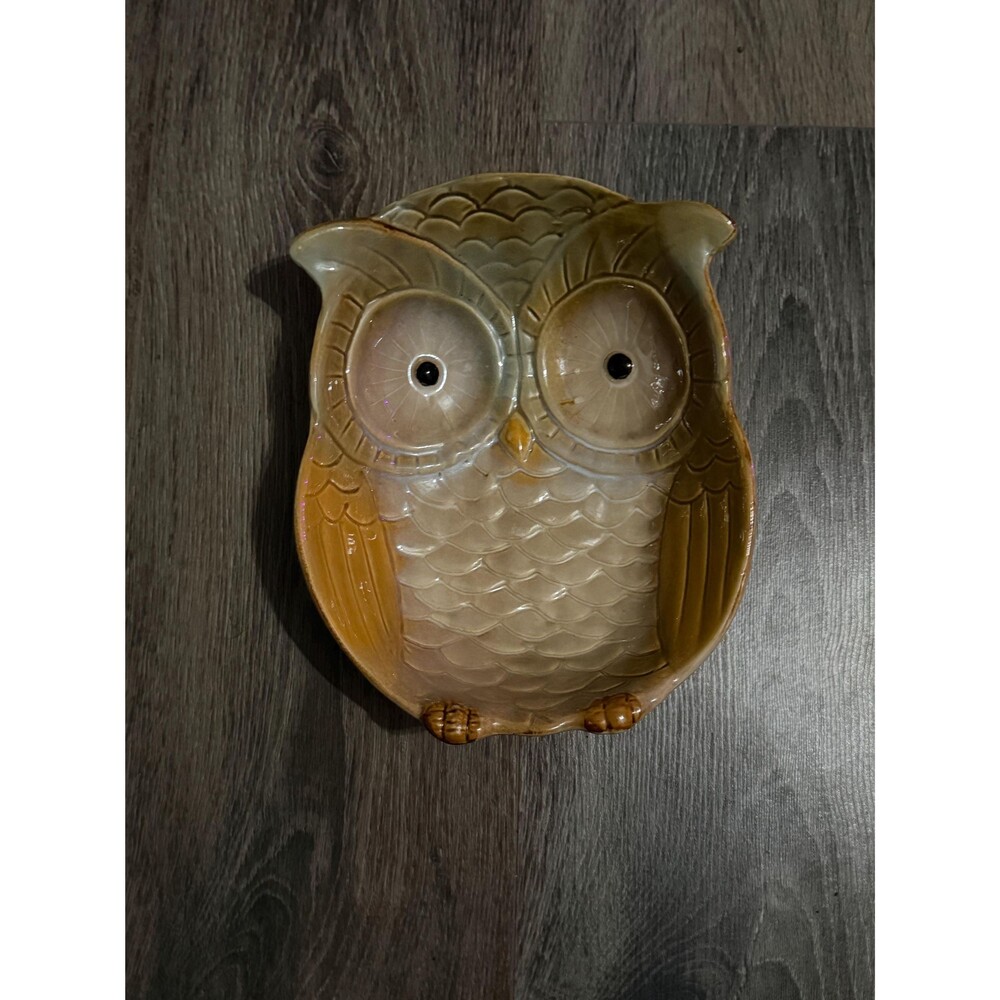 Vintage Glazed Ceramic Owl Dish | Amber & Cream Catch All (Fall Decor)